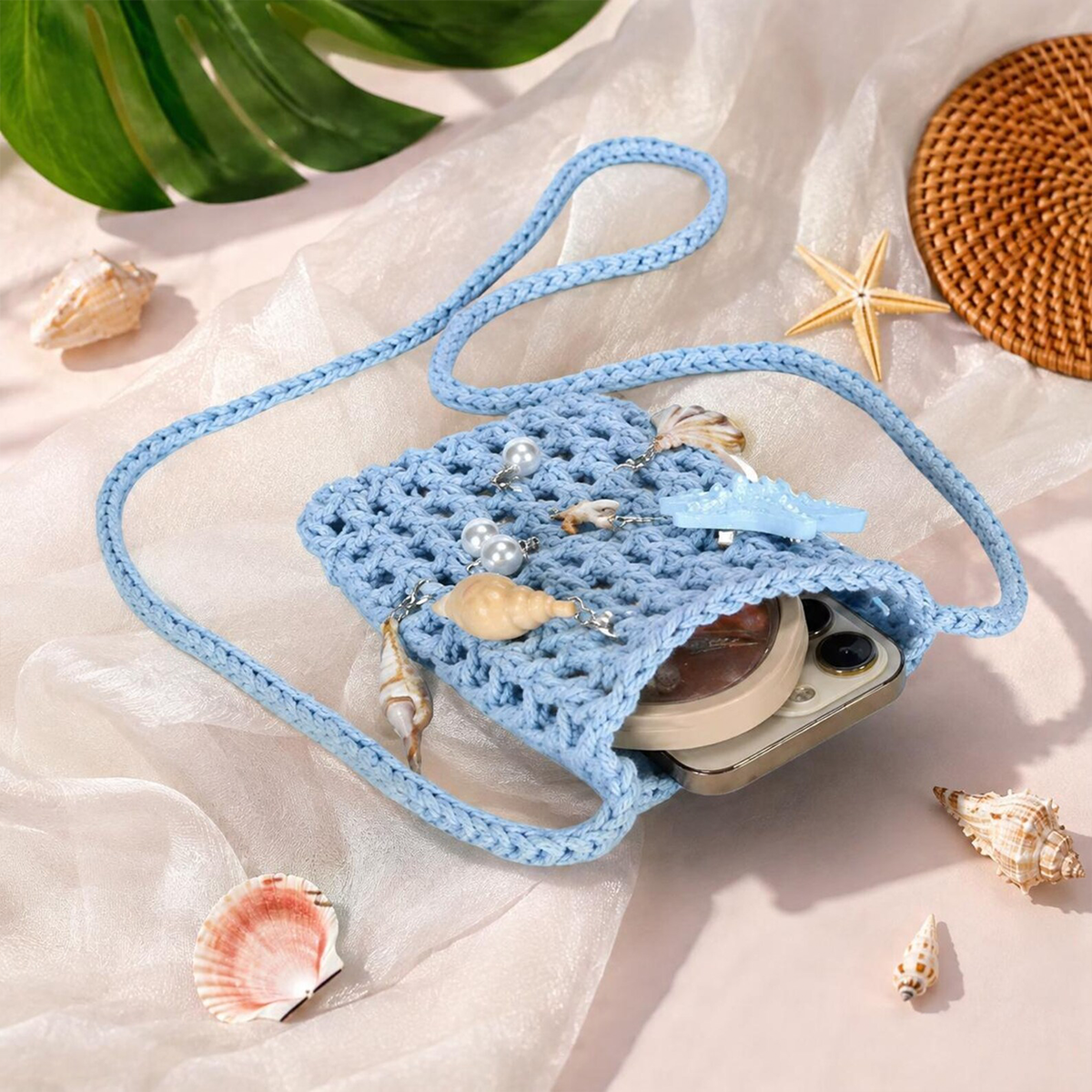 Handmade Crochet Crossbody Phone Bag With Seashell & Starfish Charms Beach Bag